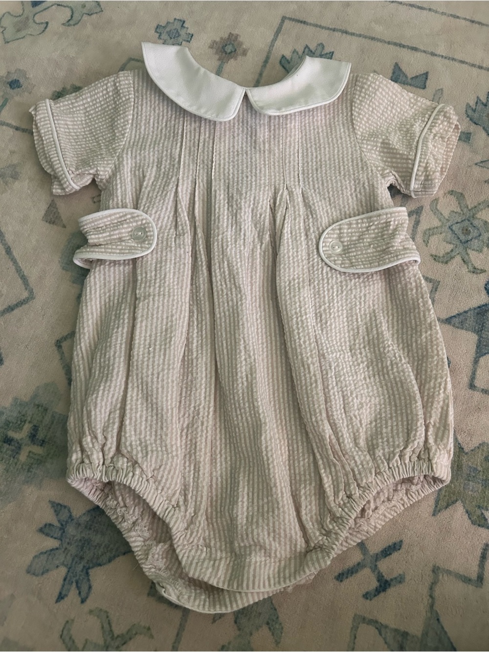 Classic Baby Boy Tan Seersucker One-Piece Romper